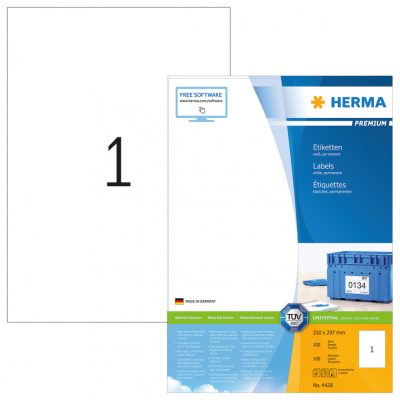 Herma No. 4428 fehér színű 210 x 297 mm méretű, univerzálisan nyomtatható, öntapadós etikett címke, permanens ragasztóval A4-es íven - kiszerelés: 100 címke / 100 ív