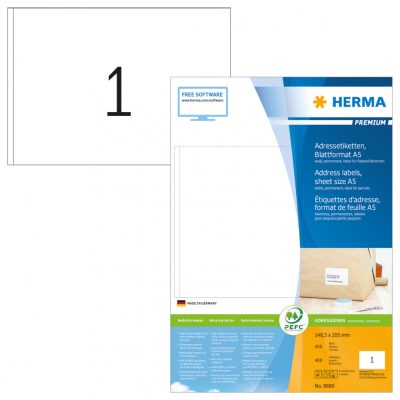 Herma No. 8690 fehér színű 148,5 x 205 mm méretű, univerzálisan nyomtatható, öntapadós etikett címke, permanens ragasztóval A5-ös íven - kiszerelés: 400 címke / 400 ív