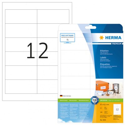 Herma No. 5056 fehér színű 97 x 42,3 mm méretű, univerzálisan nyomtatható, öntapadós etikett címke, permanens ragasztóval A4-es íven - kiszerelés: 300 címke / 25 ív
