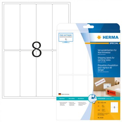 Herma No. 8326 univerzális 50 x 142 mm méretű, fehér öntapadós figyelemfelhívó csomagcímke A4-es íven - 200 etikett címke / csomag - 25 ív / csomag (Herma 8326)