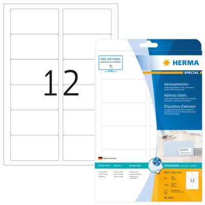 Herma No. 8842 tintasugaras 88,9 x 46,6 mm méretű, fehér öntapadós etikett címke A4-es íven - 300 etikett címke / csomag - 25 ív / csomag (Herma 8842)