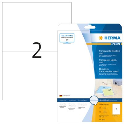 Herma No. 4683 átlátszó 210 x 148 mm méretű, lézernyomtatóval nyomtatható, matt felületű öntapadós etikett címke, permanens ragasztóval A4-es íven - kiszerelés: 50 címke / 25 ív