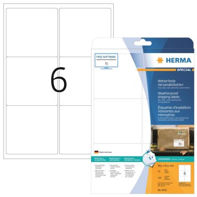 Herma No. 8332 fehér színű 99,1 x 93,1 mm méretű, lézernyomtatóval nyomtatható, öntapadós időjárásálló etikett címke, extra erős, tartós ragasztóval A4-es íven - kiszerelés: 150 címke / 25 ív