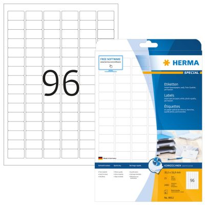 Herma No. 8832 tintasugaras 30,5 x 16,9 mm méretű, fehér öntapadós etikett címke A4-es íven - 2400 etikett címke / csomag - 25 ív / csomag (Herma 8832)