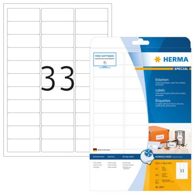 Herma No. 8837 tintasugaras 63,5 x 25,4 mm méretű, fehér öntapadós etikett címke A4-es íven - 825 etikett címke / csomag - 25 ív / csomag (Herma 8837)