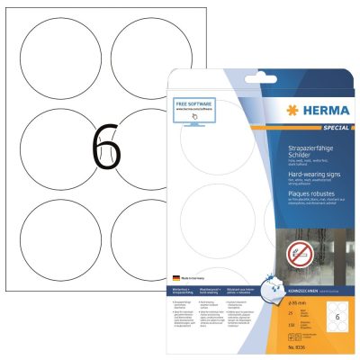 Herma No. 8336 fehér színű 85 mm átmérőjű, lézernyomtatóval nyomtatható, öntapadós időjárásálló etikett címke, extra erős, tartós ragasztóval A4-es íven - kiszerelés: 150 címke / 25 ív