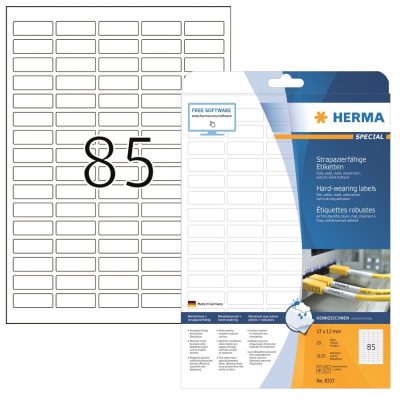 Herma No. 8337 fehér színű 37 x 13 mm méretű, lézernyomtatóval nyomtatható, öntapadós időjárásálló etikett címke, extra erős, tartós ragasztóval A4-es íven - kiszerelés: 2125 címke / 25 ív