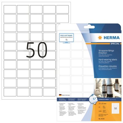 Herma No. 8338 fehér színű 37 x 25 mm méretű, lézernyomtatóval nyomtatható, öntapadós időjárásálló etikett címke, extra erős, tartós ragasztóval A4-es íven - kiszerelés: 1250 címke / 25 ív