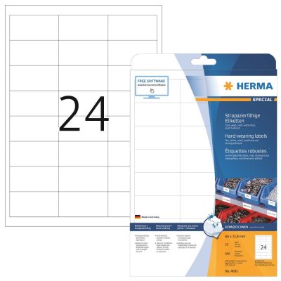 Herma No. 4691 fehér színű 66 x 33,8 mm méretű, lézernyomtatóval nyomtatható, öntapadós időjárásálló etikett címke, extra erős, tartós ragasztóval A4-es íven - kiszerelés: 600 címke / 25 ív
