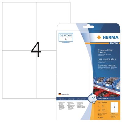 Herma No. 4697 fehér színű 105 x 148 mm méretű, lézernyomtatóval nyomtatható, öntapadós időjárásálló etikett címke, extra erős, tartós ragasztóval A4-es íven - kiszerelés: 100 címke / 25 ív