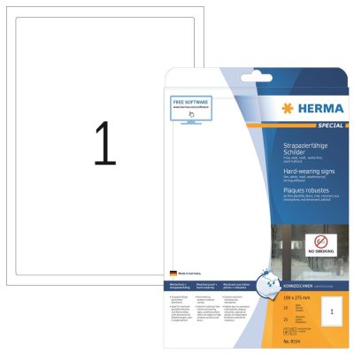 Herma No. 8334 fehér színű 190 x 275 mm méretű, lézernyomtatóval nyomtatható, öntapadós időjárásálló etikett címke, extra erős, tartós ragasztóval A4-es íven - kiszerelés: 25 címke / 25 ív
