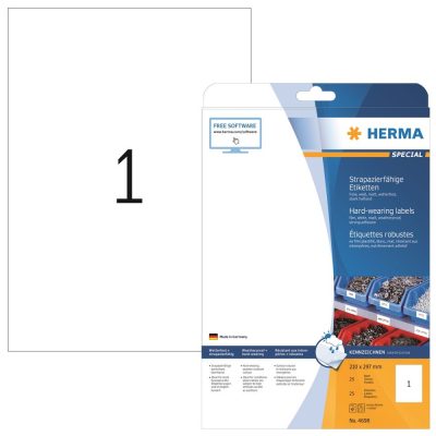 Herma No. 4698 fehér színű 210 x 297 mm méretű, lézernyomtatóval nyomtatható, öntapadós időjárásálló etikett címke, extra erős, tartós ragasztóval A4-es íven - kiszerelés: 25 címke / 25 ív