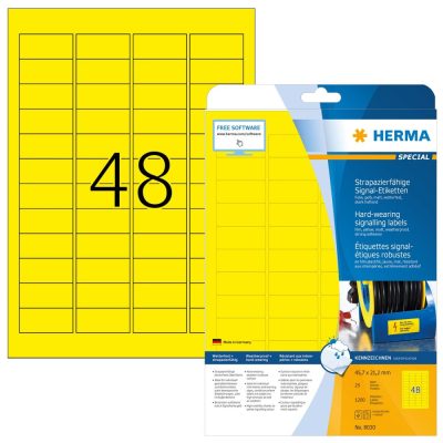 Herma No. 8030 sárga színű 45,7 x 21,2 mm méretű, lézernyomtatóval nyomtatható, öntapadós időjárásálló etikett címke, extra erős, tartós ragasztóval A4-es íven - kiszerelés: 1200 címke / 25 ív