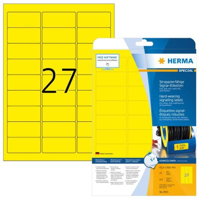 Herma No. 8031 sárga színű 63,5 x 29,6 mm méretű, lézernyomtatóval nyomtatható, öntapadós időjárásálló etikett címke, extra erős, tartós ragasztóval A4-es íven - kiszerelés: 675 címke / 25 ív