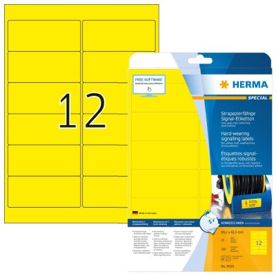 Herma No. 8029 sárga színű 99,1 x 42,3 mm méretű, lézernyomtatóval nyomtatható, öntapadós időjárásálló etikett címke, extra erős, tartós ragasztóval A4-es íven - kiszerelés: 300 címke / 25 ív