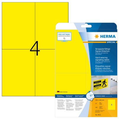 Herma No. 8032 sárga színű 105 x 148 mm méretű, lézernyomtatóval nyomtatható, öntapadós időjárásálló etikett címke, extra erős, tartós ragasztóval A4-es íven - kiszerelés: 100 címke / 25 ív