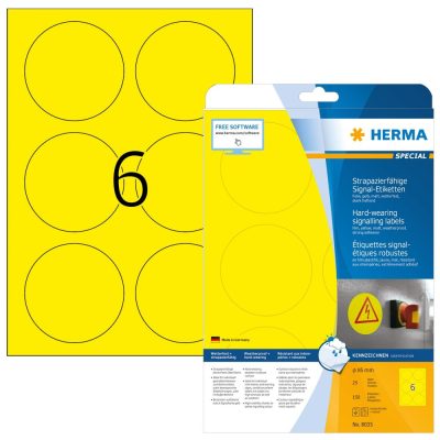 Herma No. 8035 sárga színű 85 mm átmérőjű, lézernyomtatóval nyomtatható, öntapadós időjárásálló etikett címke, extra erős, tartós ragasztóval A4-es íven - kiszerelés: 150 címke / 25 ív
