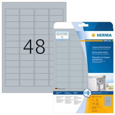Herma No. 4221 ezüst színű 45,7 x 21,2 mm méretű, lézernyomtatóval nyomtatható, öntapadós ipari etikett címke, extra erős, tartós ragasztóval A4-es íven - kiszerelés: 1200 címke / 25 ív