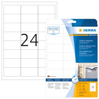 Herma No. 9532 fehér színű 63,5 x 33,9 mm méretű, lézernyomtatóval nyomtatható, öntapadós időjárásálló etikett címke, extra erős, tartós ragasztóval A4-es íven - kiszerelés: 240 címke / 10 ív