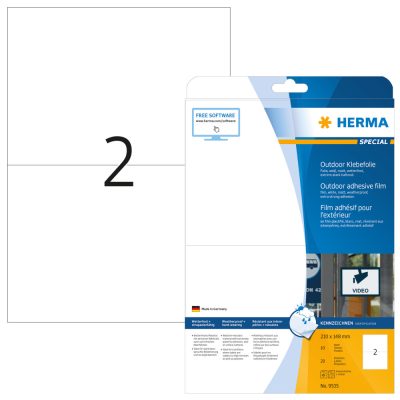 Herma No. 9535 fehér színű 210 x 148 mm méretű, lézernyomtatóval nyomtatható, öntapadós időjárásálló etikett címke, extra erős, tartós ragasztóval A4-es íven - kiszerelés: 20 címke / 10 ív