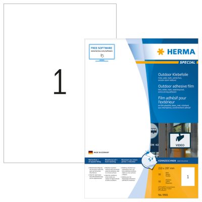 Herma No. 9501 fehér színű 210 x 297 mm méretű, lézernyomtatóval nyomtatható, öntapadós időjárásálló etikett címke, extra erős, tartós ragasztóval A4-es íven - kiszerelés: 50 címke / 50 ív