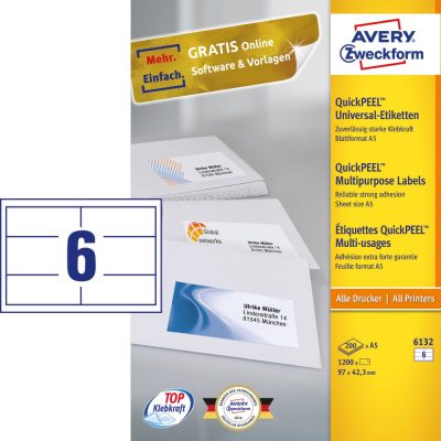 Avery Zweckform No. 6132 fehér színű 97 x 42,3 mm méretű, univerzálisan nyomtatható, öntapadós etikett címke, permanens ragasztóval A5-ös íven - kiszerelés: 1200 címke / 200 ív