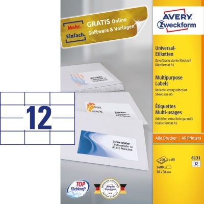 Avery Zweckform No. 6131 fehér színű 70 x 36 mm méretű, univerzálisan nyomtatható, öntapadós etikett címke, permanens ragasztóval A5-ös íven - kiszerelés: 2400 címke / 200 ív
