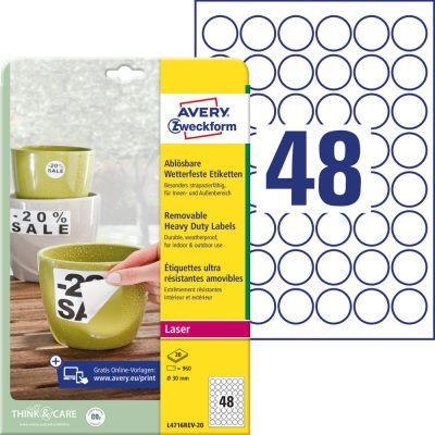 Avery Zweckform No. L4716REV-20 fehér színű 30 mm átmérőjű, lézernyomtatóval nyomtatható, öntapadós időjárásálló etikett címke, visszaszedhető ragasztóval A4-es íven - 960 címke / 20 ív