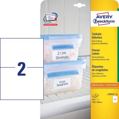 Avery Zweckform No. L7974-25 fehér színű 210 x 148 mm méretű univerzálisan nyomtatható öntapadós etikett címke, erős tapadású fagyálló ragasztóval A4-es íven - kiszerelés: 50 címke / 25 ív