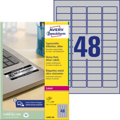 Avery Zweckform No. L6009-100 ezüst színű 45,7 x 21,2 mm méretű, lézernyomtatóval nyomtatható, öntapadós ipari etikett címke, erős, tartós ragasztóval A4-es íven - kiszerelés: 4800 címke / 100 ív