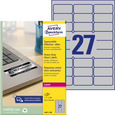 Avery Zweckform No. L6011-100 ezüst színű 63,5 x 29,6 mm méretű, lézernyomtatóval nyomtatható, öntapadós ipari etikett címke, erős, tartós ragasztóval A4-es íven - kiszerelés: 2700 címke / 100 ív