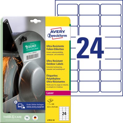 Avery Zweckform No. L7912-10 fehér színű 63,5 x 33,9 mm méretű, lézernyomtatóval nyomtatható, ultra ellenálló öntapadós etikett címke, erős, tartós ragasztóval A4-es íven - kiszerelés: 240 címke / 10 ív