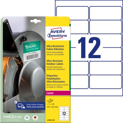 Avery Zweckform No. L7913-10 fehér színű 99,1 x 42,3 mm méretű, lézernyomtatóval nyomtatható, ultra ellenálló öntapadós etikett címke, erős, tartós ragasztóval A4-es íven - kiszerelés: 120 címke / 10 ív