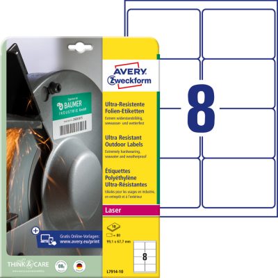 Avery Zweckform No. L7914-10 fehér színű 99,1 x 67,7 mm méretű, lézernyomtatóval nyomtatható, ultra ellenálló öntapadós etikett címke, erős, tartós ragasztóval A4-es íven - kiszerelés: 80 címke / 10 ív
