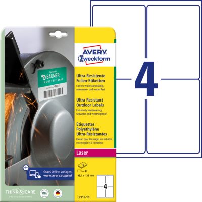 Avery Zweckform No. L7915-10 fehér színű 99,1 x 139 mm méretű, lézernyomtatóval nyomtatható, ultra ellenálló öntapadós etikett címke, erős, tartós ragasztóval A4-es íven - kiszerelés: 40 címke / 10 ív