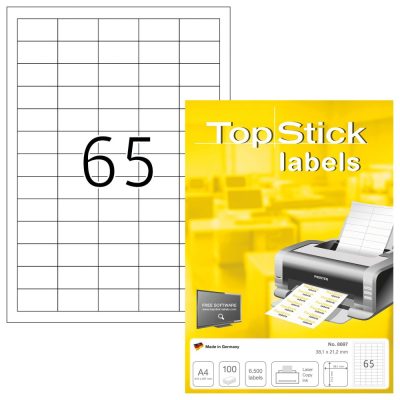TopStick No. 8697 fehér színű 38,1 x 21,2 mm méretű, univerzálisan nyomtatható, öntapadós etikett címke, permanens ragasztóval A4-es íven - kiszerelés: 6500 címke / 100 ív