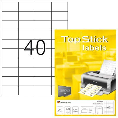 TopStick No. 8698 fehér színű 52,5 x 29,7 mm méretű, univerzálisan nyomtatható, öntapadós etikett címke, permanens ragasztóval A4-es íven - kiszerelés: 4000 címke / 100 ív