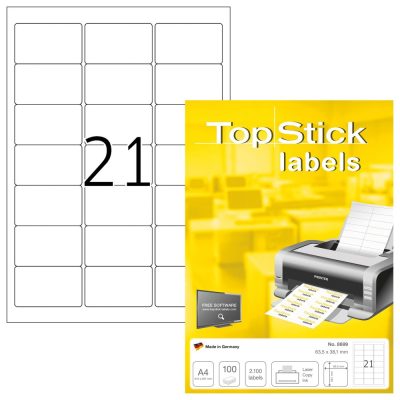 TopStick No. 8699 fehér színű 63,5 x 38,1 mm méretű, univerzálisan nyomtatható, öntapadós etikett címke, permanens ragasztóval A4-es íven - kiszerelés: 2100 címke / 100 ív