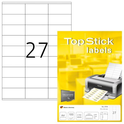 TopStick No. 8704 fehér színű 70 x 32 mm méretű, univerzálisan nyomtatható, öntapadós etikett címke, permanens ragasztóval A4-es íven - kiszerelés: 2700 címke / 100 ív