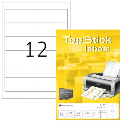TopStick No. 8711 fehér színű 97 x 42,3 mm méretű, univerzálisan nyomtatható, öntapadós etikett címke, permanens ragasztóval A4-es íven - kiszerelés: 1200 címke / 100 ív