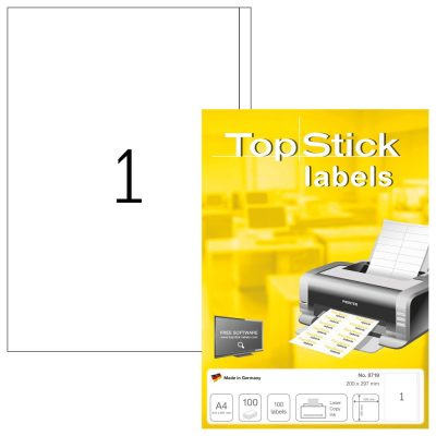 TopStick No. 8719 fehér színű 200 x 297 mm méretű, univerzálisan nyomtatható, öntapadós etikett címke, permanens ragasztóval A4-es íven - kiszerelés: 100 címke / 100 ív