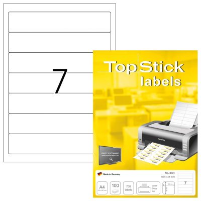TopStick No. 8721 fehér színű 192 x 38 mm méretű, univerzálisan nyomtatható, öntapadós etikett címke, permanens ragasztóval A4-es íven - kiszerelés: 700 címke / 100 ív