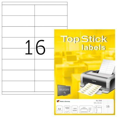 TopStick No. 8759 fehér színű 105 x 35 mm méretű, univerzálisan nyomtatható, öntapadós etikett címke, permanens ragasztóval A4-es íven - kiszerelés: 1600 címke / 100 ív