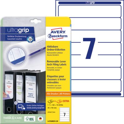 Avery Zweckform No. L4760REV-20 fehér színű 192 x 38 mm méretű, univerzálisan nyomtatható, öntapadós iratrendező címke, visszaszedhető ragasztóval A4-es íven - kiszerelés: 210 címke / 30 ív