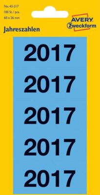 Avery Zweckform No. 43-217 kék színű 60 x 26 mm méretű, 2017-es évszámmal előre megnyomtatott, öntapadó címke, permanens ragasztóval - kiszerelés: 100 címke / 20 ív