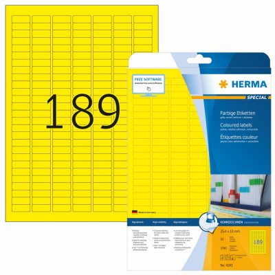 Herma No. 4243 sárga színű 25,4 x 10 mm méretű, univerzálisan nyomtatható, matt felületű öntapadós etikett címke, visszaszedhető ragasztóval A4-es íven - kiszerelés: 3780 címke / 20 ív