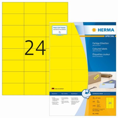 Herma No. 4406 sárga színű 70 x 37 mm méretű, univerzálisan nyomtatható, matt felületű öntapadós etikett címke, permanens ragasztóval A4-es íven - kiszerelés: 2400 címke / 100 ív