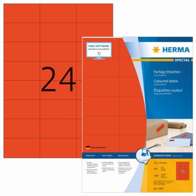 Herma No. 4407 piros színű 70 x 37 mm méretű, univerzálisan nyomtatható, matt felületű öntapadós etikett címke, permanens ragasztóval A4-es íven - kiszerelés: 2400 címke / 100 ív