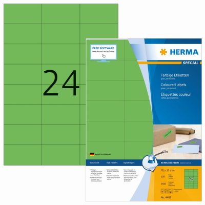 Herma No. 4409 zöld színű 70 x 37 mm méretű, univerzálisan nyomtatható, matt felületű öntapadós etikett címke, permanens ragasztóval A4-es íven - kiszerelés: 2400 címke / 100 ív