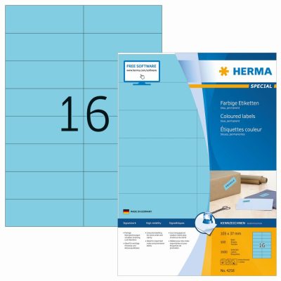 Herma No. 4258 kék színű 105 x 37 mm méretű, univerzálisan nyomtatható, matt felületű öntapadós etikett címke, permanens ragasztóval A4-es íven - kiszerelés: 1600 címke / 100 ív